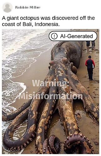 Ein riesiger KI-generierter Oktopus liegt am Strand, daneben stehen mehrere Menschen, ein Textfeld zeigt 'Warnung Falschinformation'