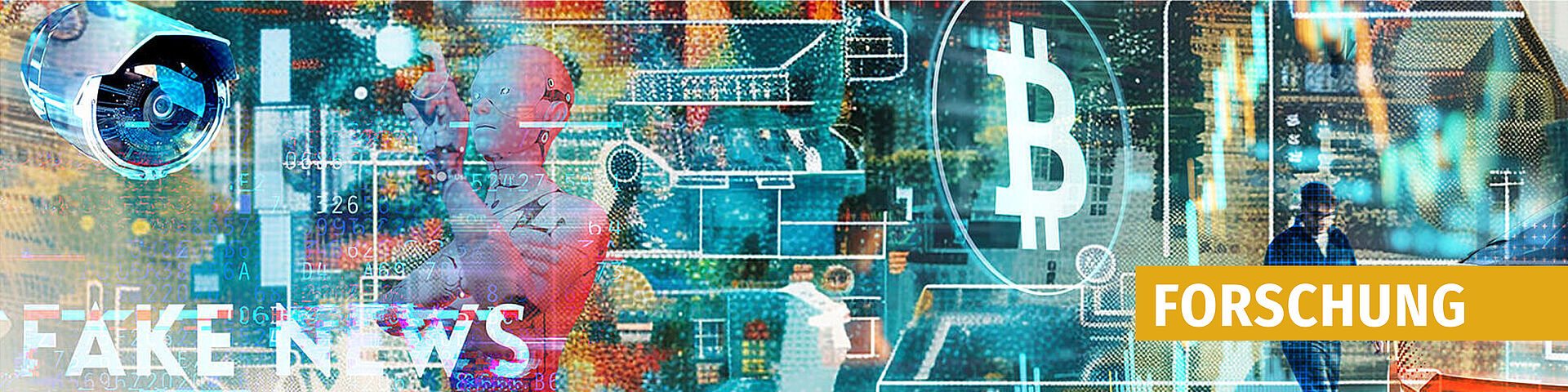 Digitale Collage mit Bitcoin-Symbol, Textfragmenten wie 'FAKE NEWS' und schemenhaften Figuren vor einem Hintergrund aus Daten und Technologieelementen
