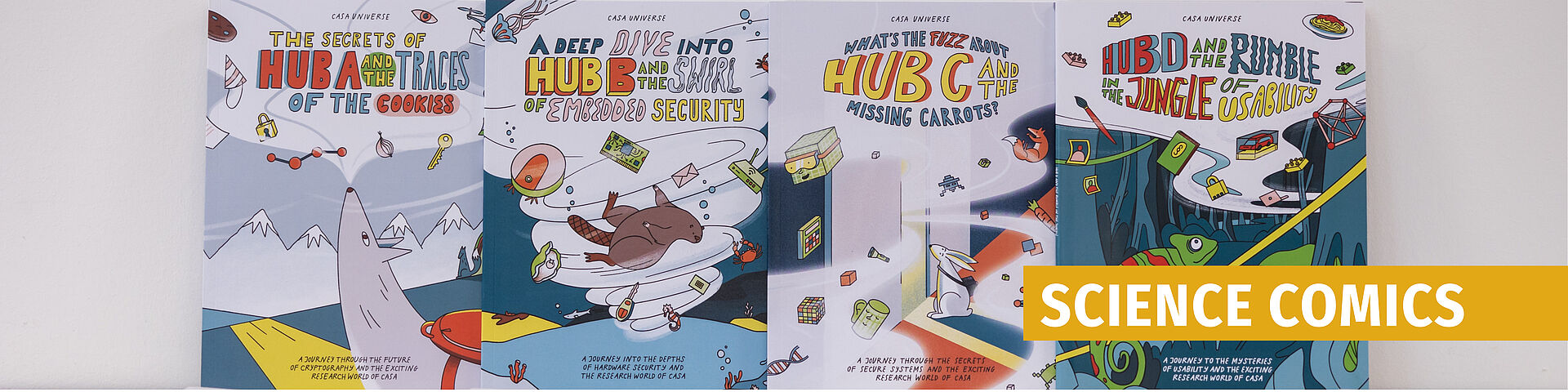Four colorful comic book covers with scientific themes side by side, featuring mountains, a submarine, a space background, and a jungle.