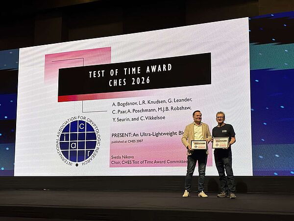 Two men standing on a stage holding certificates in front of a large screen displaying the 'Test of Time Award CHES 2026' with names and a logo