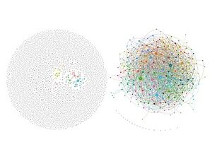 The graphic shows a network of colorful, interconnected dots.